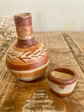 Vintage Rustic Terracotta Decorative Bottle and Cup Set in Earthy Brown & Cream